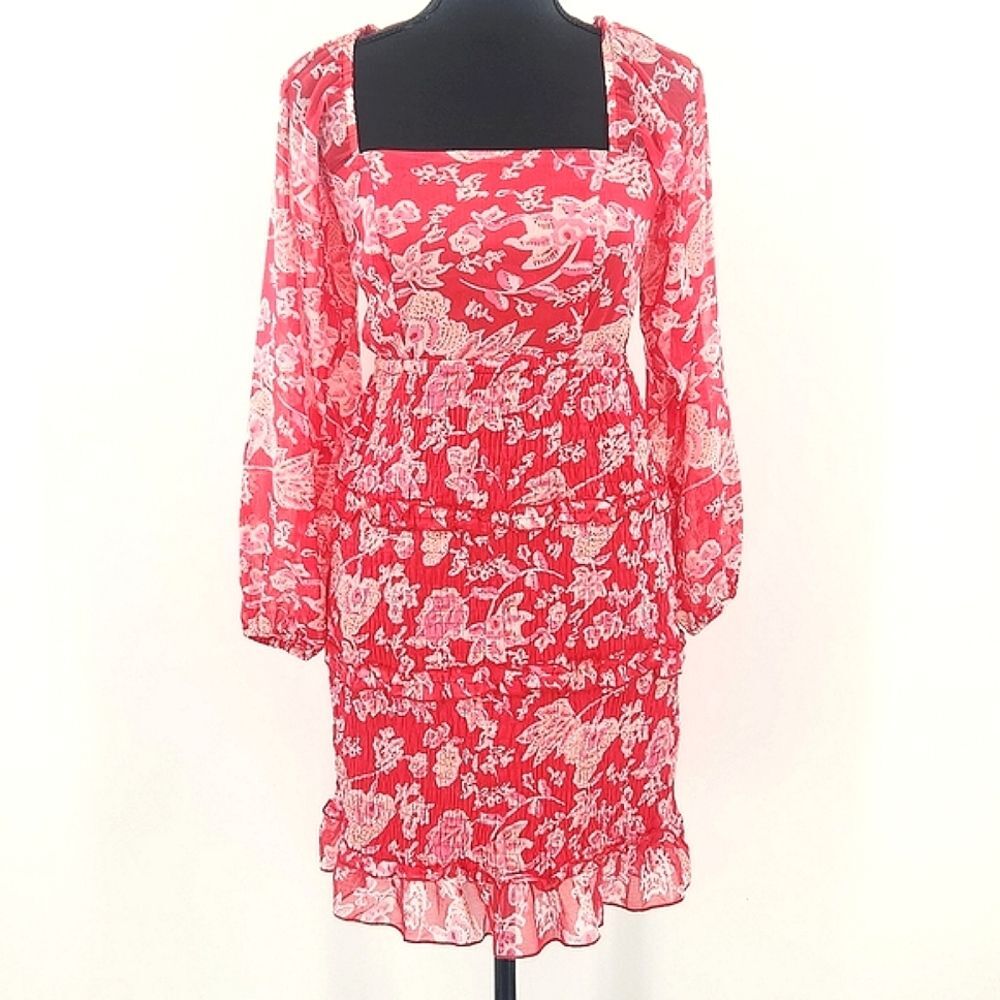 Sim & Sam Dress Size Small Red Pink Floral Long Sleeve Boho Milkmaid Smocked